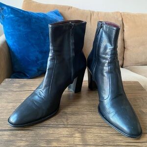 Elegant Black Italian Leather Heeled Ankle Boots – Barely Worn